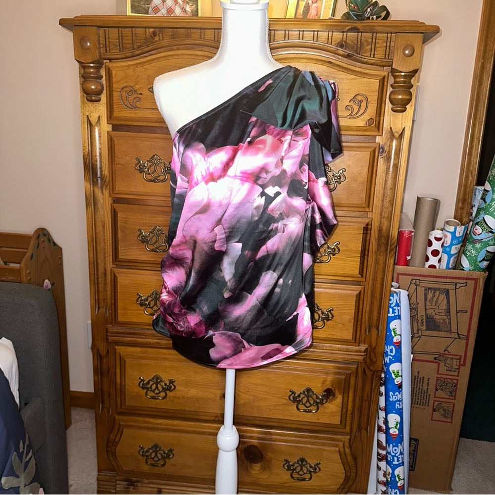 Express Floral Watercolor One Shoulder Blouse